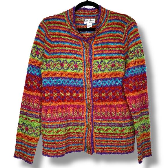 North Style Sweater Multicolor Striped Cardigan Rainbow Colorful Striped Medium - Picture 1 of 9
